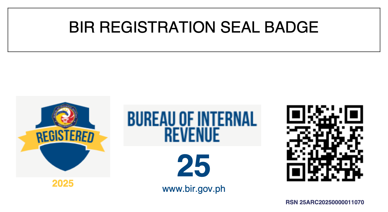 2025 Bureau of Internal Revenue registration certificate and QR code